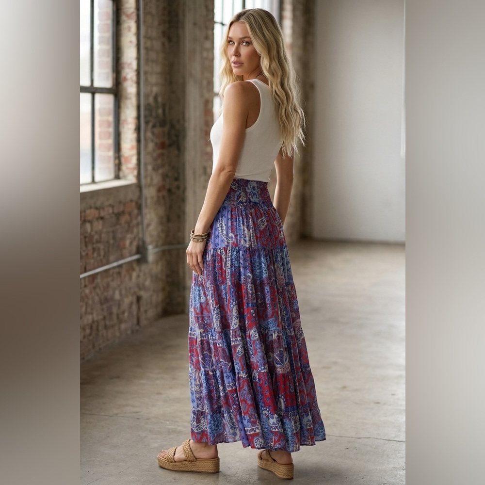 NWT Angie Clothing Boho Festival Americana Paisley Floral Smocked Maxi Skirt - Picture 3 of 8